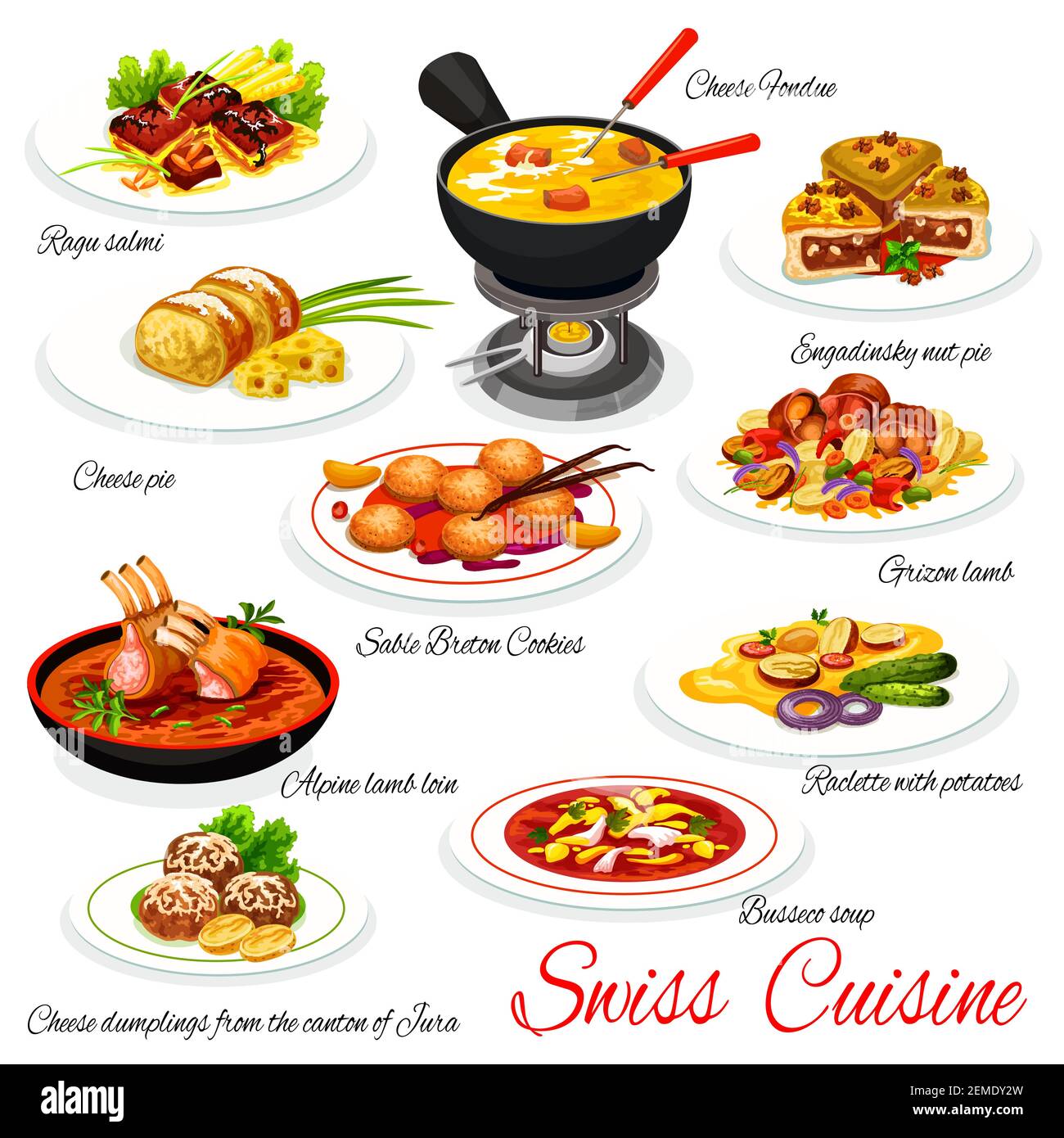Swiss cuisine food dishes, traditional meals menu, vector Switzerland  restaurant dinner and lunch. Swiss cheese fondue, ragu slami and Engadinsky  nut Stock Vector Image & Art - Alamy