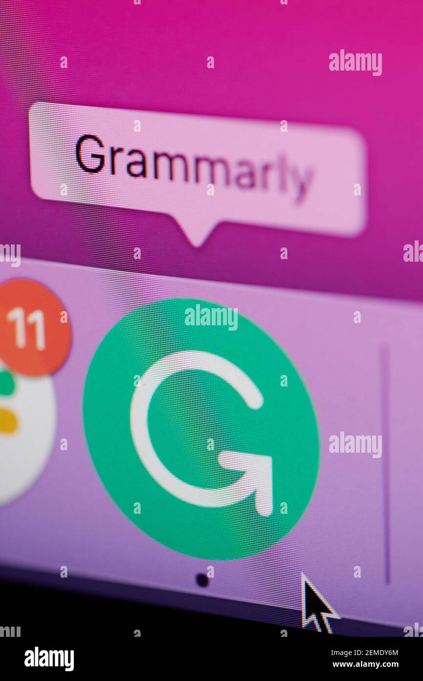 New york, USA - February 25, 2021: Grammarly app icon  on laptop screen close up view Stock Photo