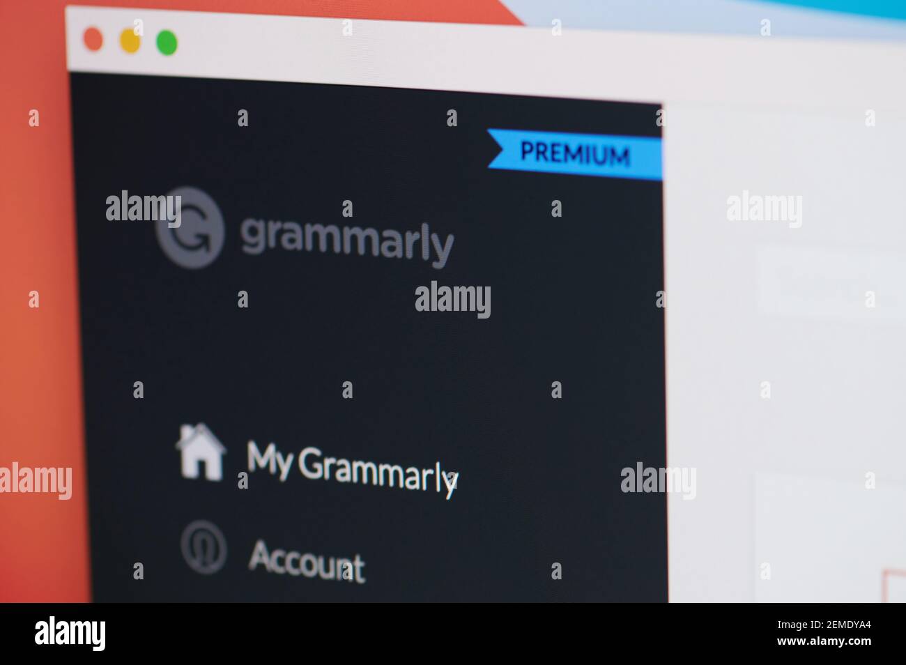 New york, USA - February 25, 2021: Grammarly spell corrector app menu on laptop screen close up view Stock Photo