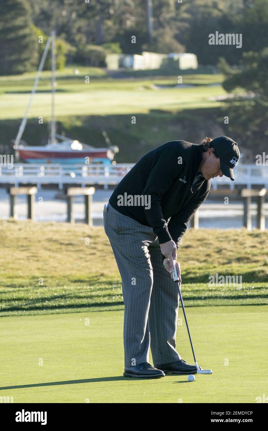 February 11, 2019; Pebble Beach, CA, USA; Phil Mickelson putts on the 17th  hole during the conclusion of the final round of the AT&T Pebble Beach  Pro-Am golf tournament at Pebble Beach