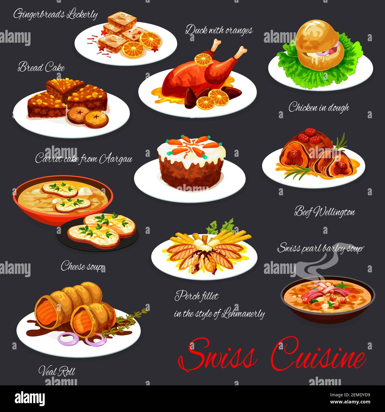 Swiss cuisine food, dishes and meals menu, vector Switzerland traditional  restaurant dinner and lunch. Swiss barley soup, duck with orange and bread  c Stock Vector Image & Art - Alamy