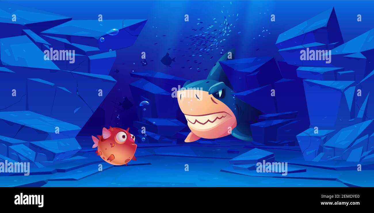 Shark and puffer fish in sea or ocean bottom with rocks around. Underwater creatures with cute and angry faces and big eyes, characters for computer game, marine animals, Cartoon vector illustration Stock Vector