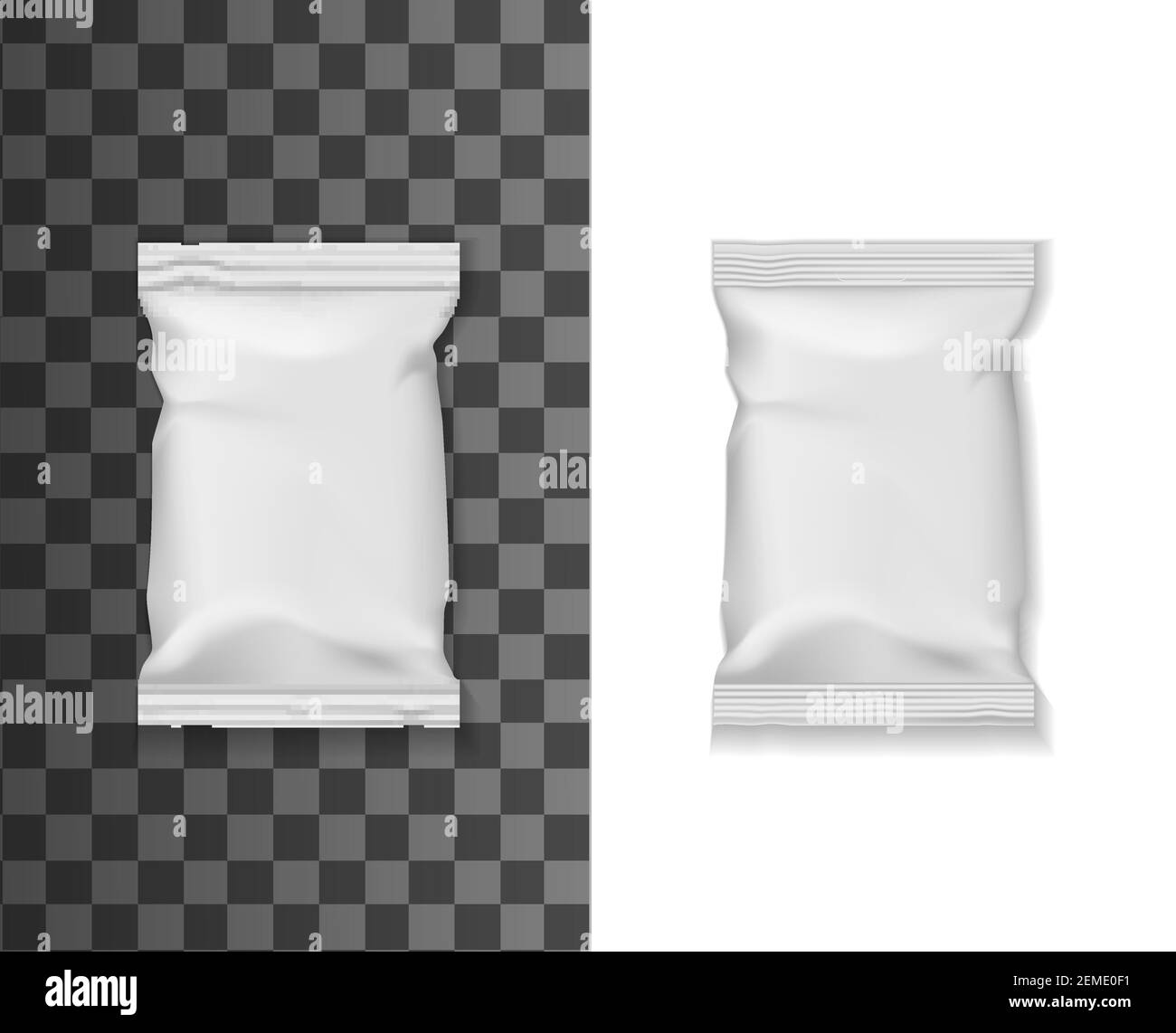 Food package mockup, pouch bag or sachet pack of white plastic foil