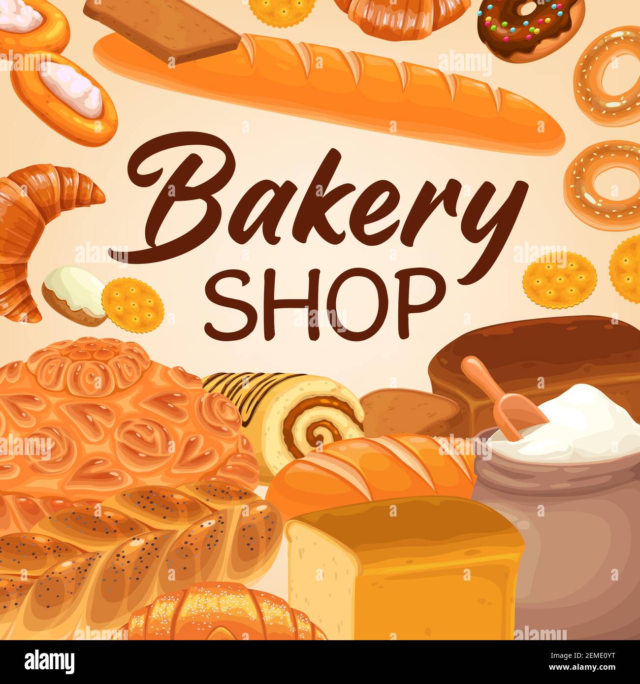 Bakery pastry, baker shop bread, baked food vector poster. Bakery shop