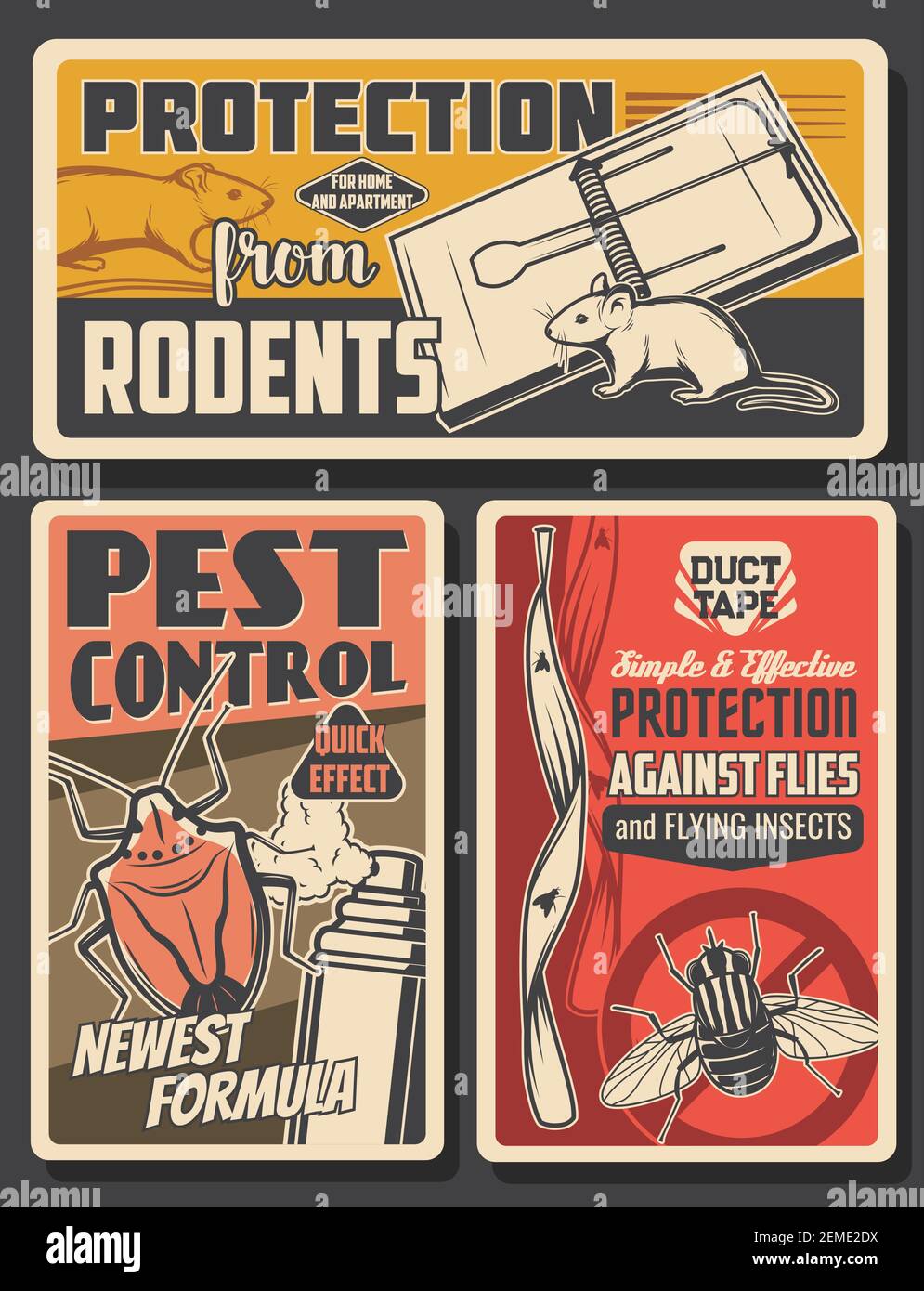 Pest control insects and rodents extermination service, house disinsection. Vector flies, rats, mice and bugs fumigation. Domestic disinfestation, ins Stock Vector