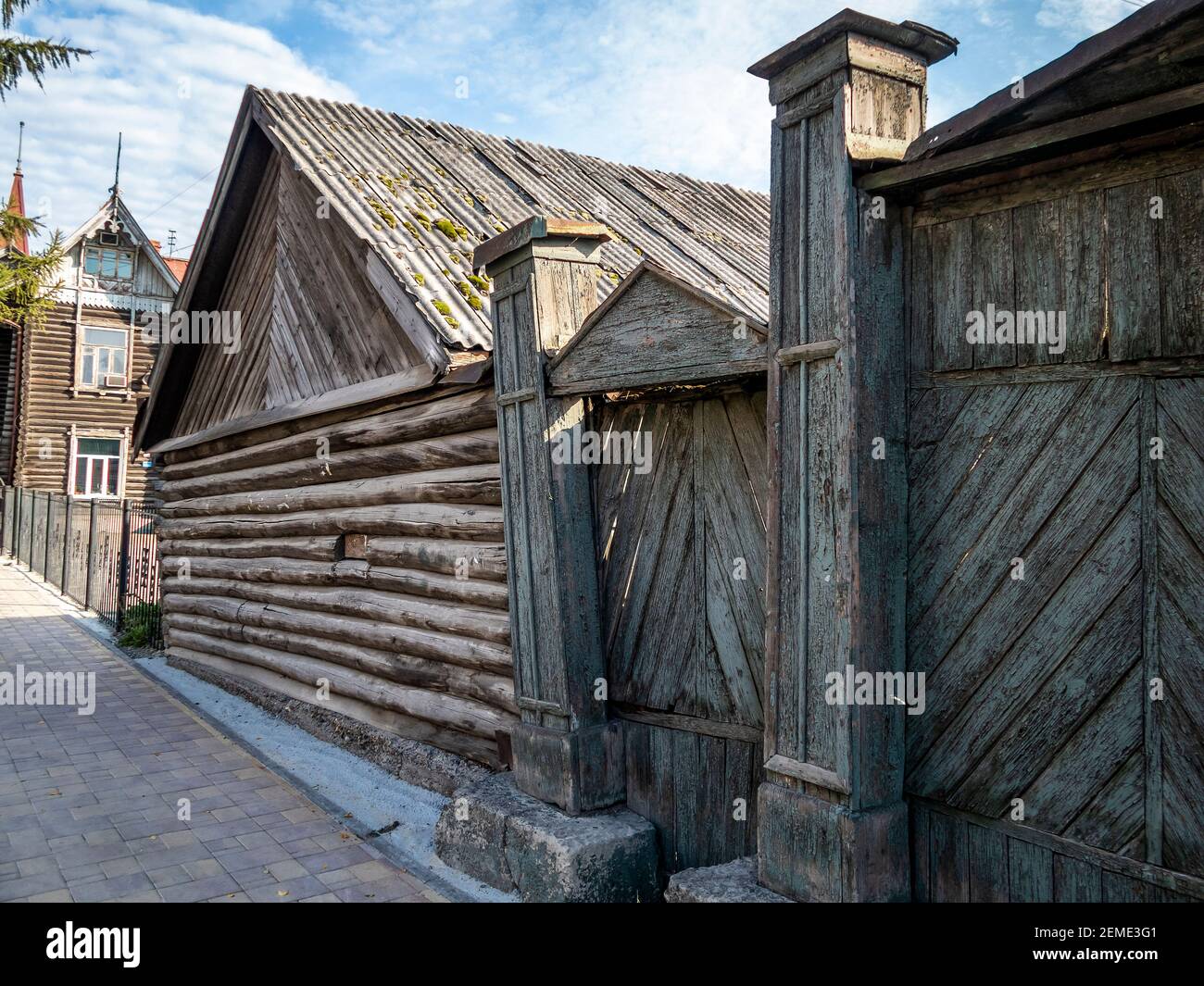 Old wooden houses in the Siberian town of Tomsk. A former