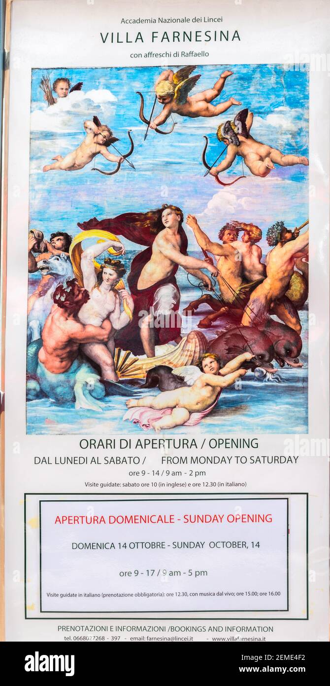 Rome, Italy - Oct 05, 2018: Poster at the entrance to Villa Farnesina in Rome Stock Photo