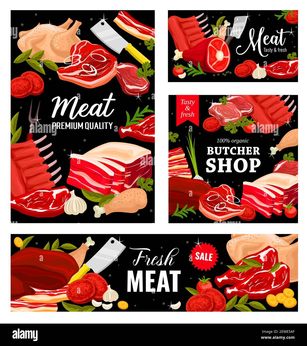 Meat, butcher shop beef, pork and lamb food, vector banners, posters