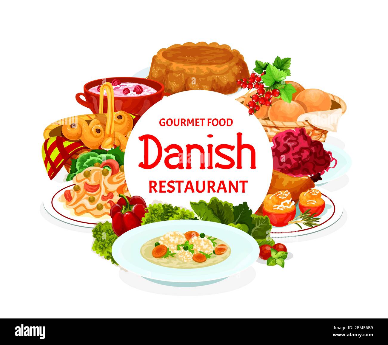 Danish food cuisine buffet meals, menu dishes, vector traditional