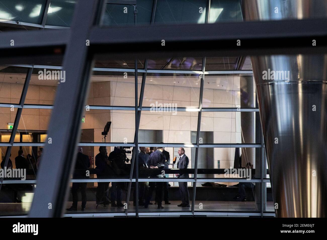 Former leader of the German Social Democratic Party Martin Schulz (SPD) is giving an interview to members of the media, after his party's parliamentary group meeting at the Bundestag in Berlin, Germany, February 12, 2019. (Photo by Omer Messinger) Stock Photo