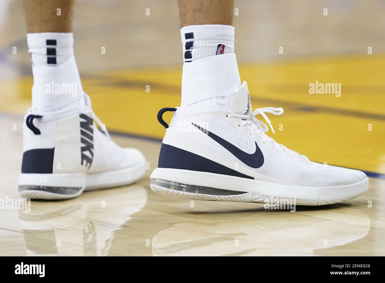 February 12, 2019; Oakland, CA, USA; Detail view of Nike shoes worn by Utah  Jazz center Rudy Gobert (27) during the third quarter against the Golden  State Warriors at Oracle Arena. Mandatory