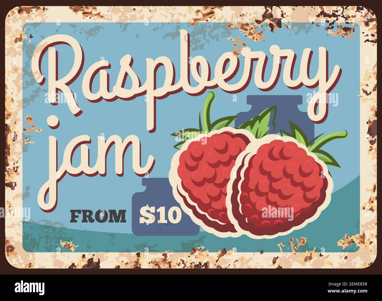 Raspberry jam rusty metal plate, vector vintage rust tin sign with ripe garden berries with leaves and jars silhouettes. Raspberry dessert sweet produ Stock Vector