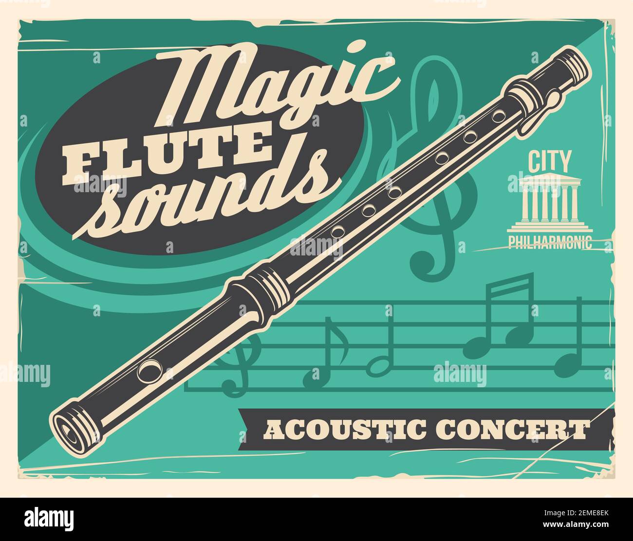 Flute music concert, classic live acoustic concert, vector vintage poster. Flute pipe music