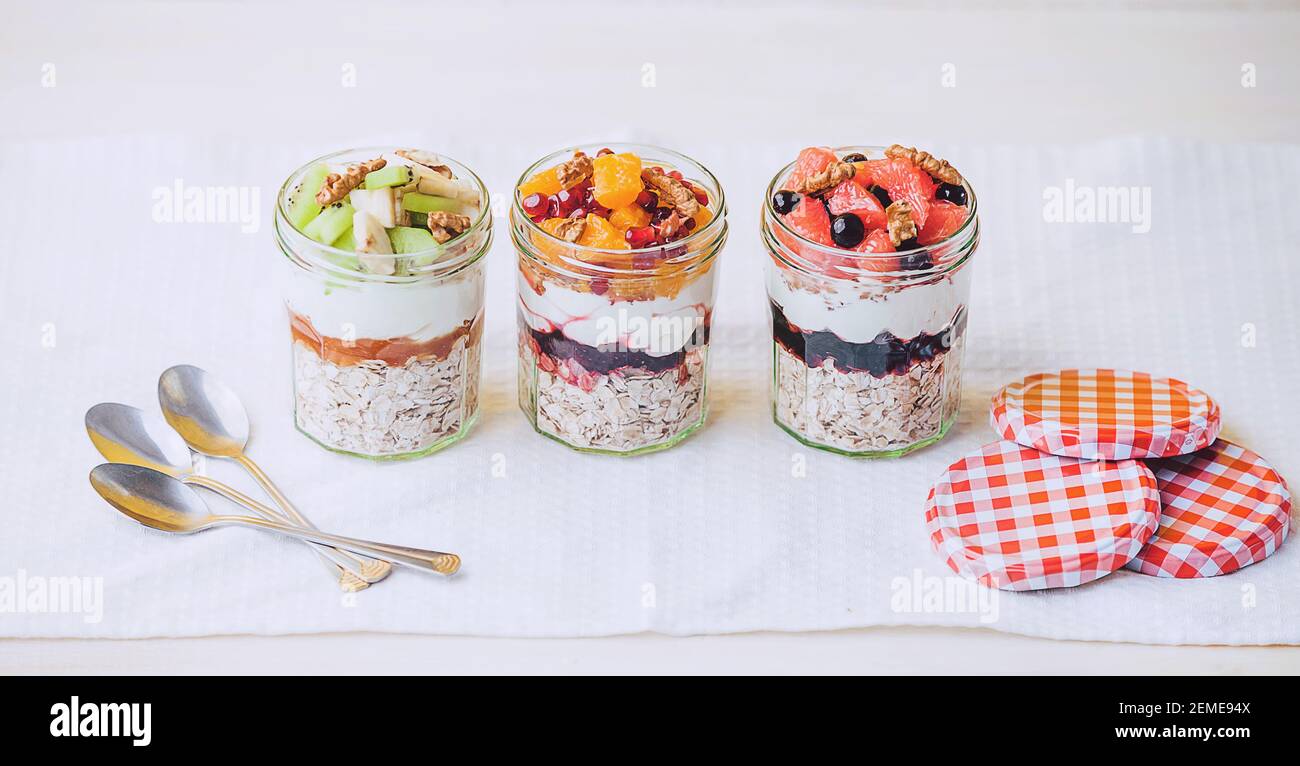 Oatmeal with fruit and cereals in a glass jar Stock Photo Alamy
