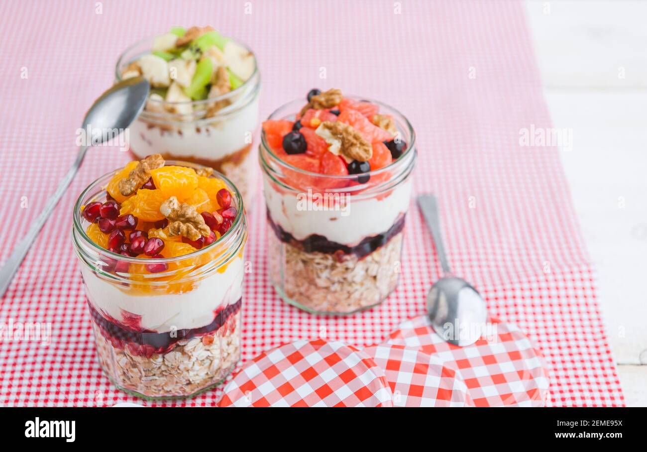 Oatmeal with fruit and cereals in a glass jar Stock Photo Alamy