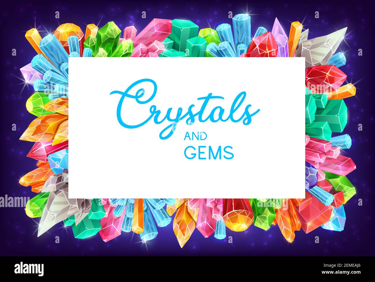 Crystals and gems, cartoon gemstones vector frame. Natural geologic minerals and precious stones mining. Jewels with sparkling shine, jewelry rocks of Stock Vector