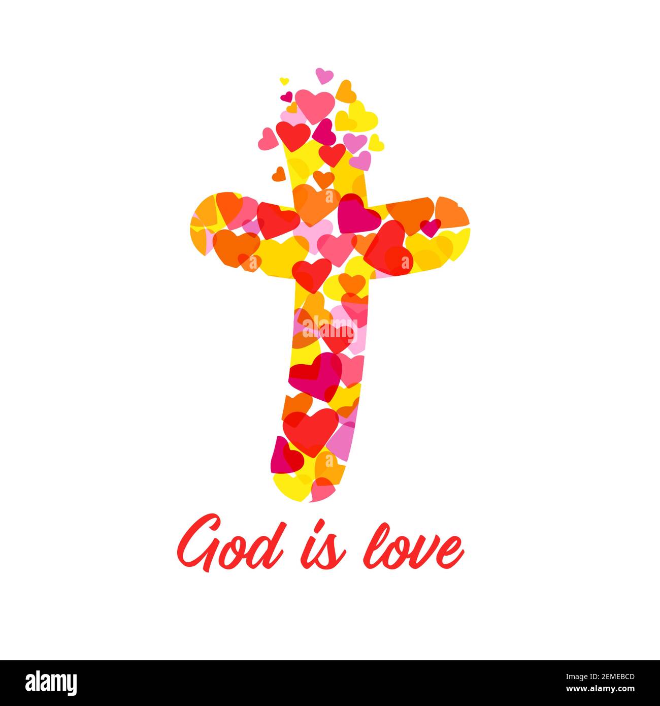 Cross logo God Is Love. Christian church sign. Colored crucifixion. Religious symbol and lettering. Greeting card or congrats concept. Abstract isolat Stock Vector