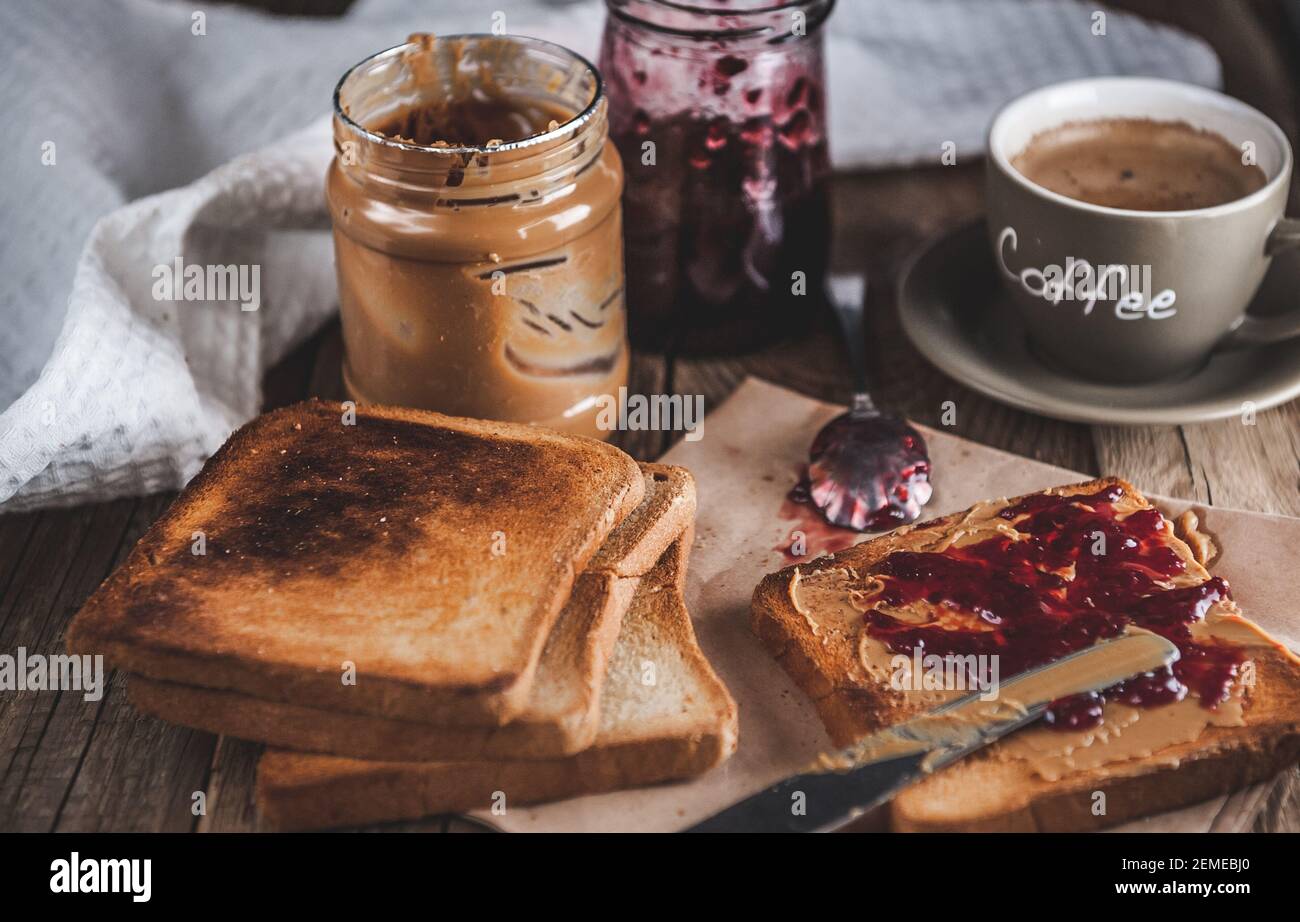 Peanut butter with jam and rustic dough. Peanut butter and jelly Stock