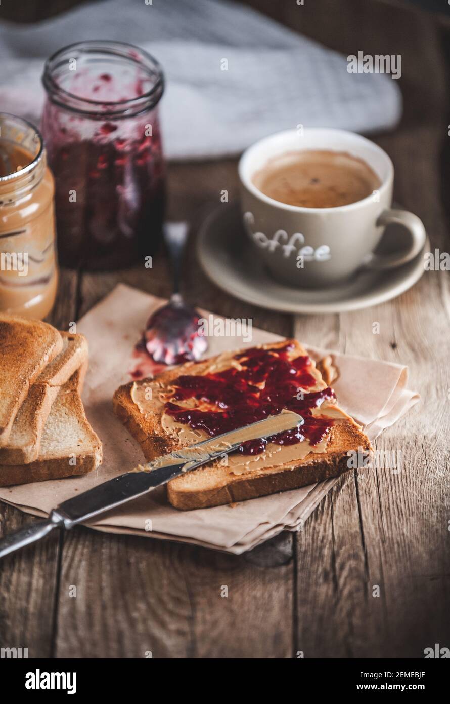 Peanut butter with jam and rustic dough. Peanut butter and jelly Stock