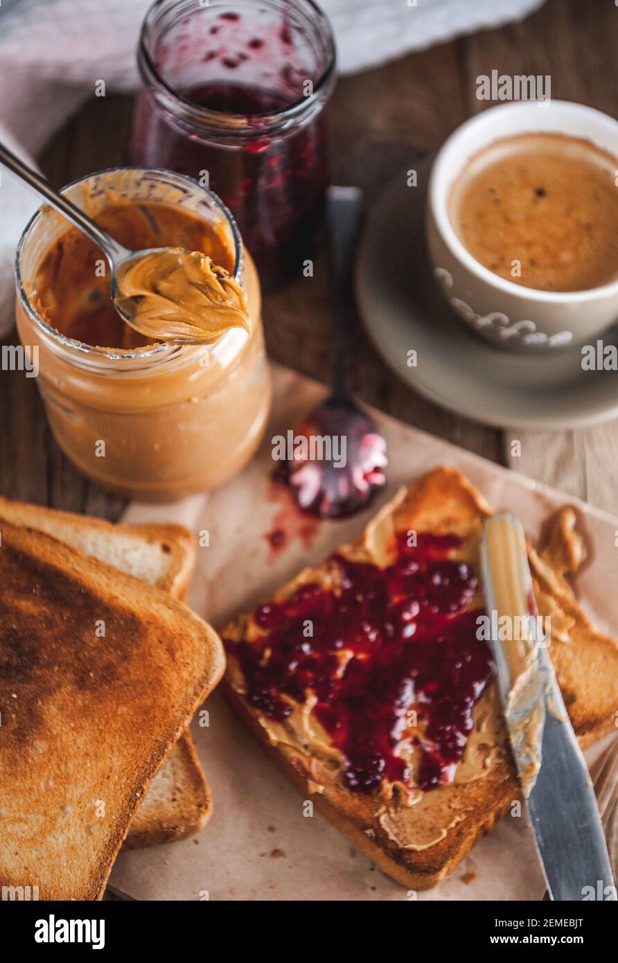 Peanut butter with jam and rustic dough. Peanut butter and jelly Stock