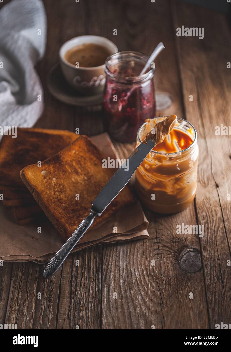 Peanut butter with jam and rustic dough. Peanut butter and jelly Stock