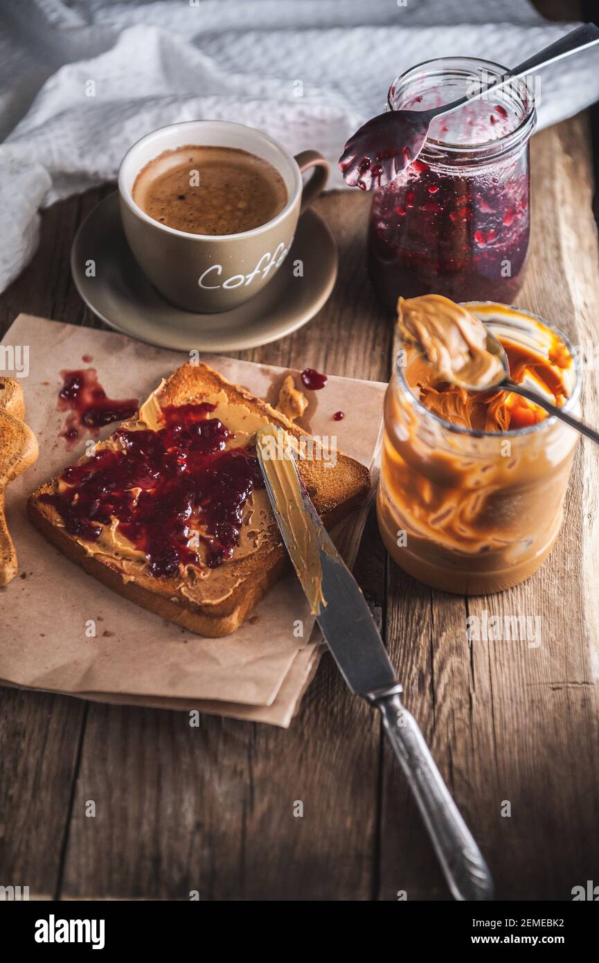 Peanut butter with jam and rustic dough. Peanut butter and jelly Stock