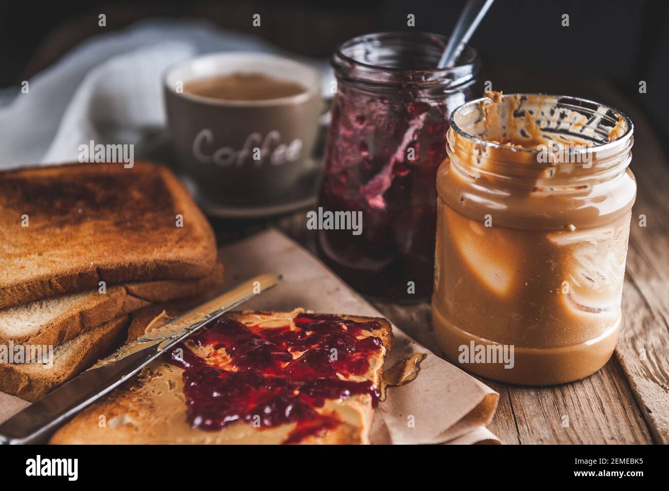 Peanut butter with jam and rustic dough. Peanut butter and jelly Stock Photo Alamy