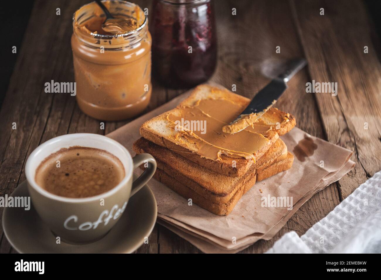 Peanut butter with jam and rustic dough. Peanut butter and jelly Stock