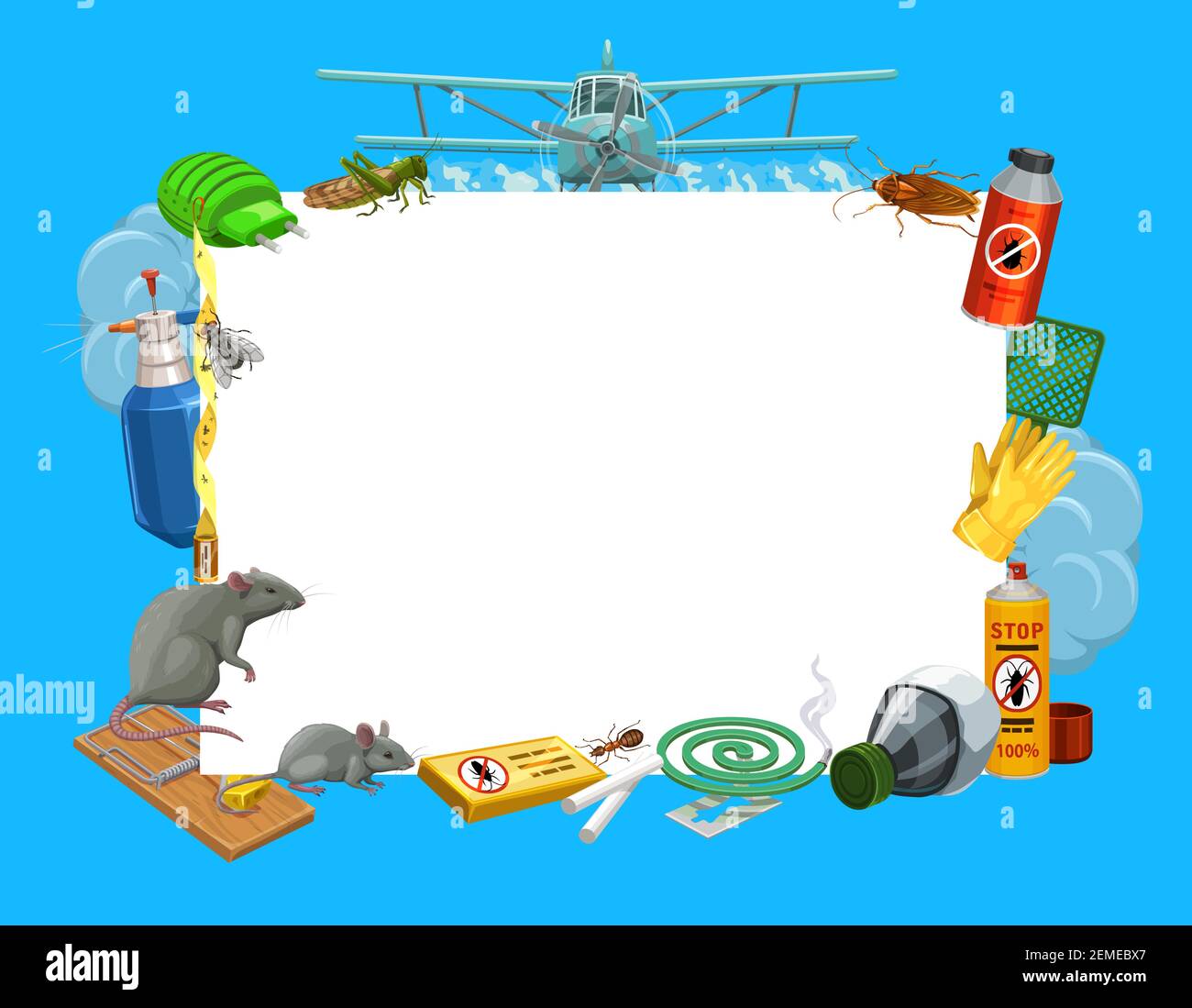 Frame with insects and pest control tools vector fumigator, locust and  airplane with cockroach. Dichlorvos, swap and toxic aerosol, gloves, gas  mask a Stock Vector Image & Art - Alamy