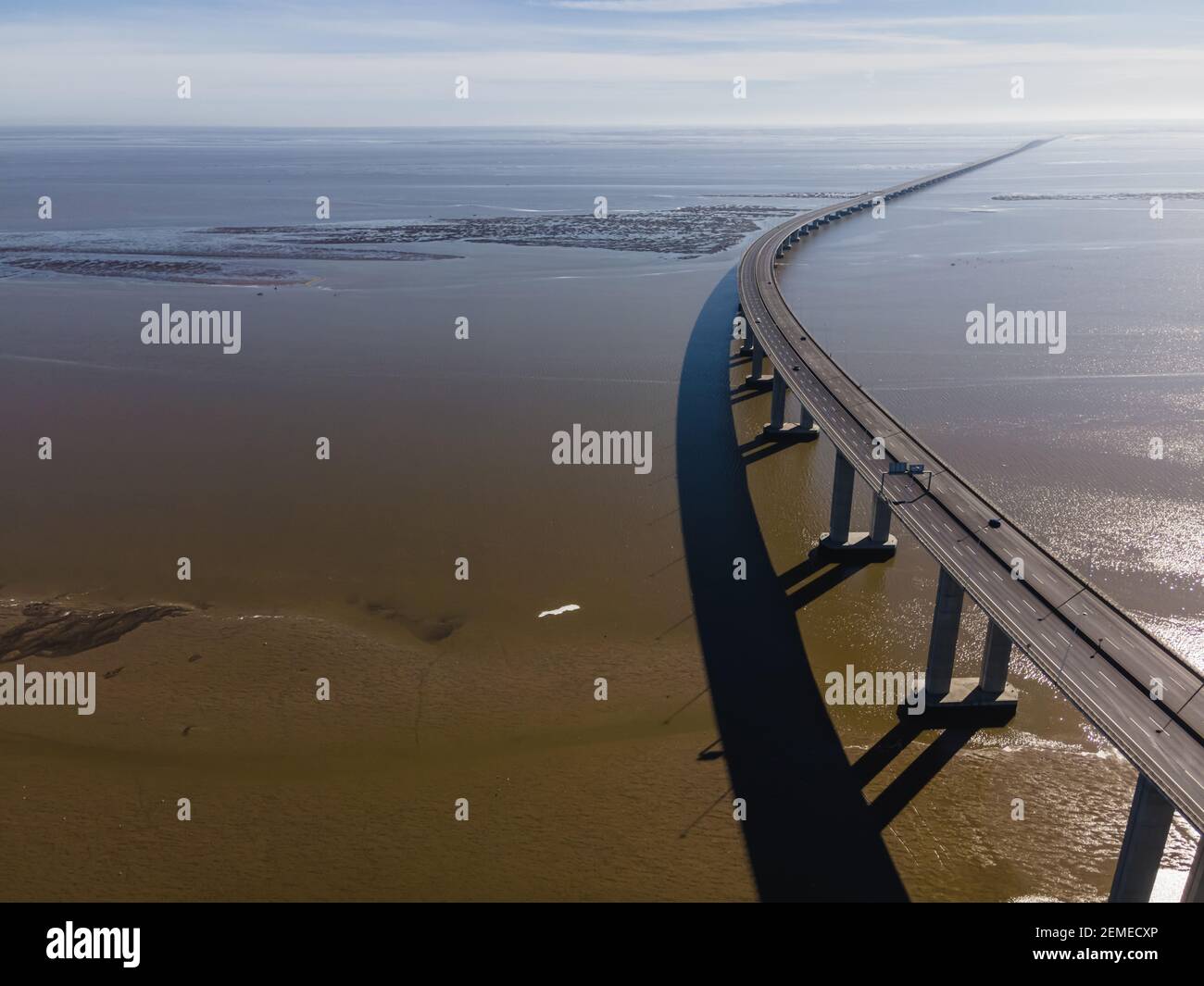 Aerial view of a few cars driving on Vasco da Gama bridge, one of the  longest suspended bridge in the world crossing the Tagus river, Oriente  district Stock Photo - Alamy