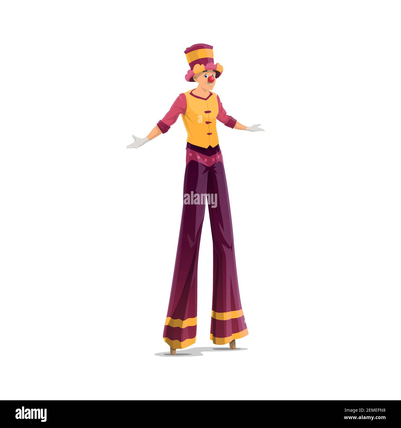 Acrobat on stilts, clown stilt walker, isolated vector big top circus artist. Jester performer