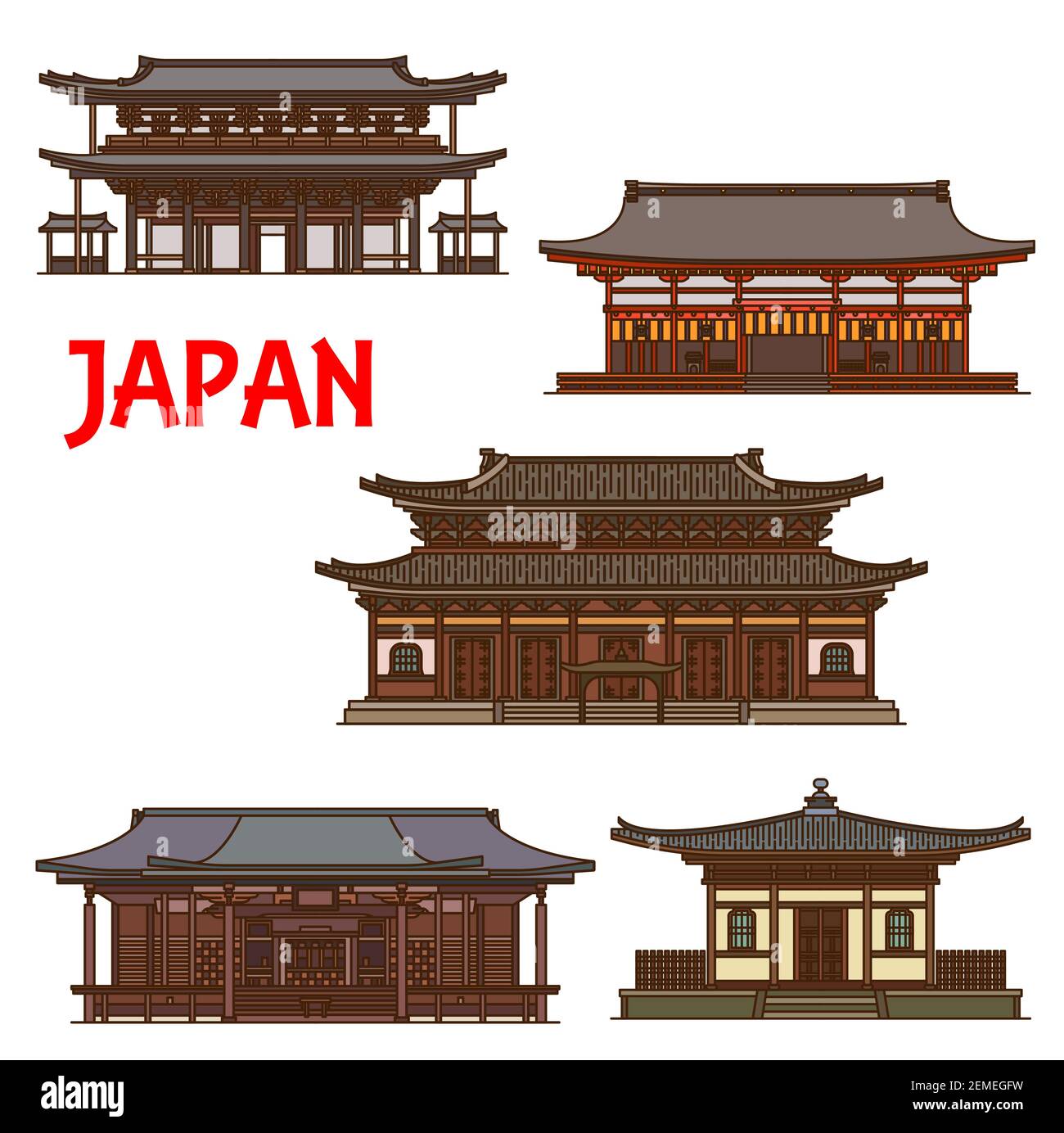 Japanese temples, shrines and Japan pagodas in Kyoto architecture landmarks, vector houses. Ryoan-ji Zen temple, Tofukuji and Horyuji, Nanzenji, and F Stock Vector