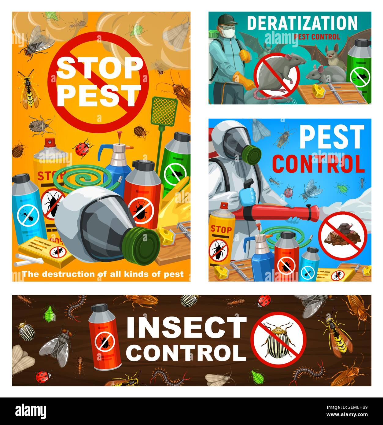 Pest control vector posters, disinsection, insects and rodents extermination service at home and garden. Exterminators with cold fogger and press spra Stock Vector