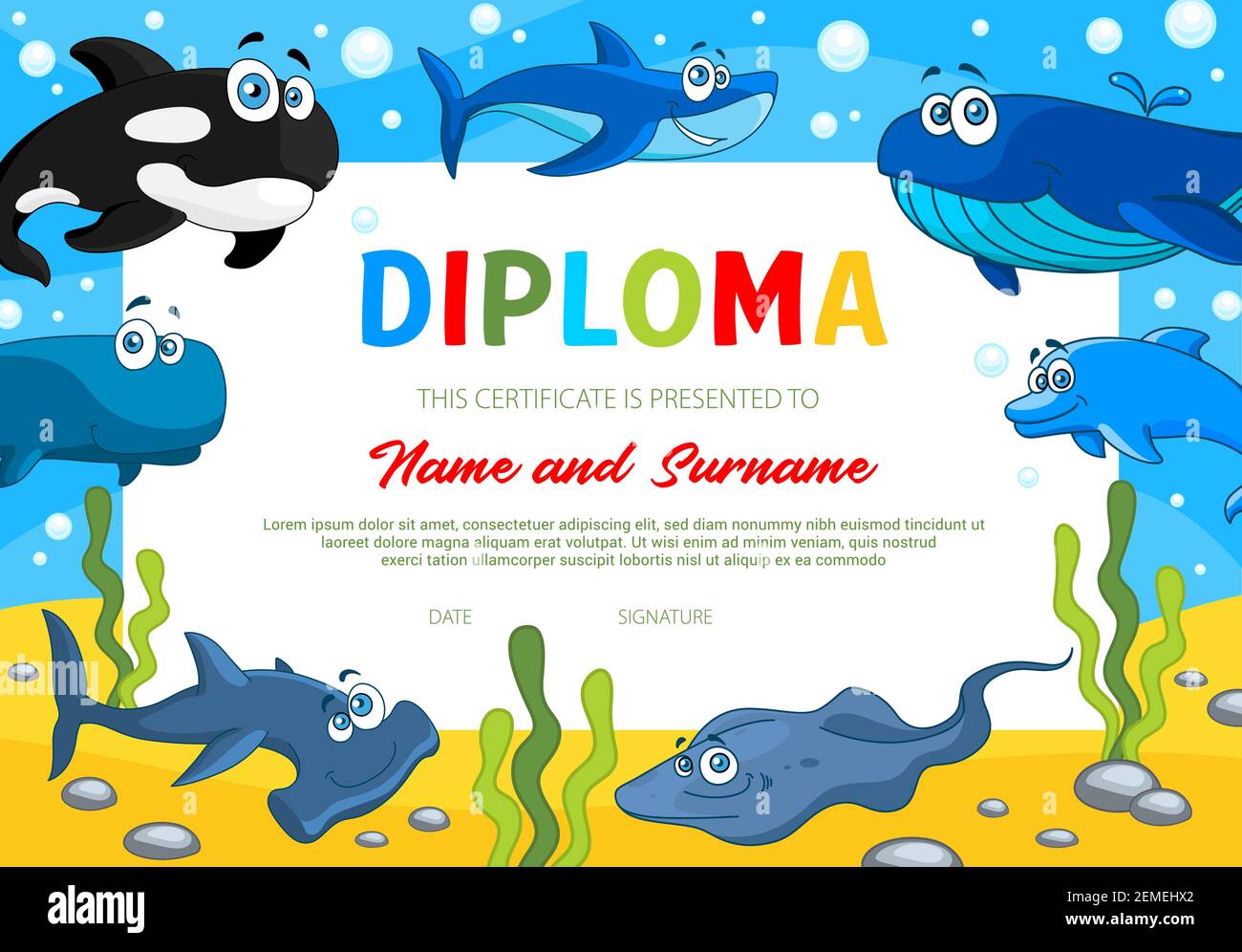 Kids diploma with sea animals, school education or kindergarten certificate  vector template. Award border design with killer whale, shark and hammerhe  Stock Vector Image & Art - Alamy