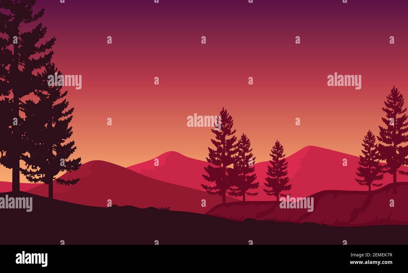 Pdusk Vector Mountain view with beautiful silhouettes of cypress trees at dusk ...