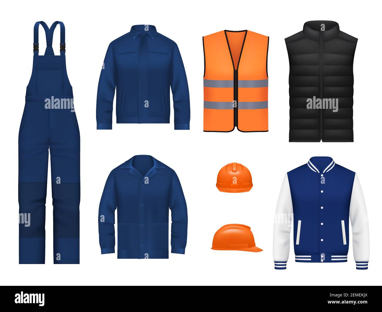 Workwear uniform and worker clothes, vector realistic safety jackets and  overall vests. Work wear clothing suits and outfit garments for  construction Stock Vector Image & Art - Alamy