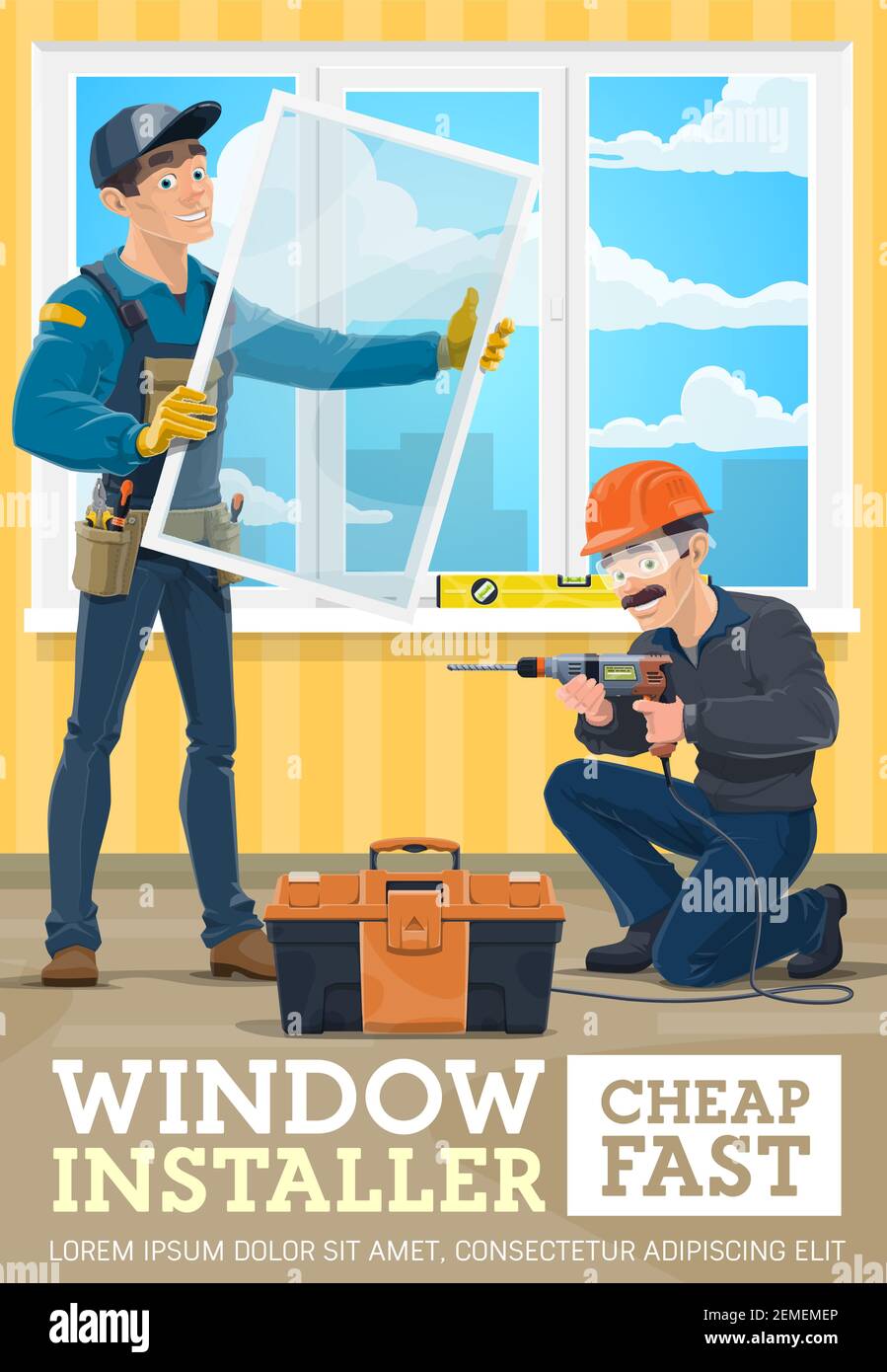 Window installer service banner. Construction workers in uniform ...