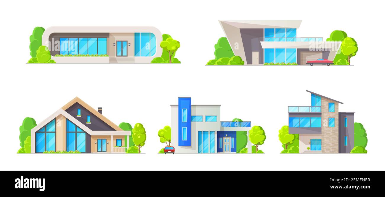 House building isolated icons, vector real estate cottage homes. Modern bungalow, villa and mansion exteriors with front doors, windows, roofs, garage Stock Vector