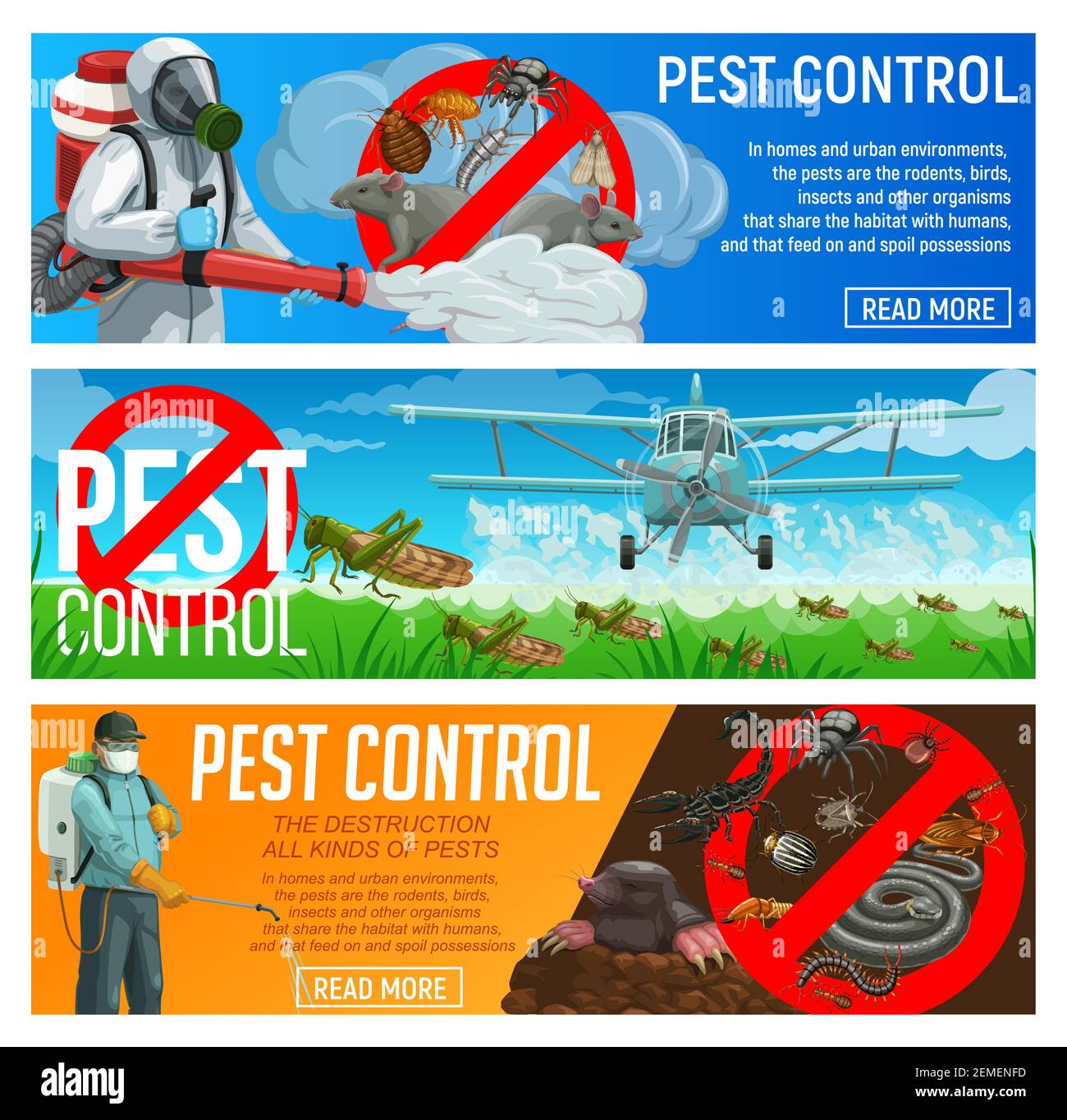 Pest control service vector banners, exterminators and agriculture airplane spraying insecticide against insects and rodents. Pests and field or garde Stock Vector