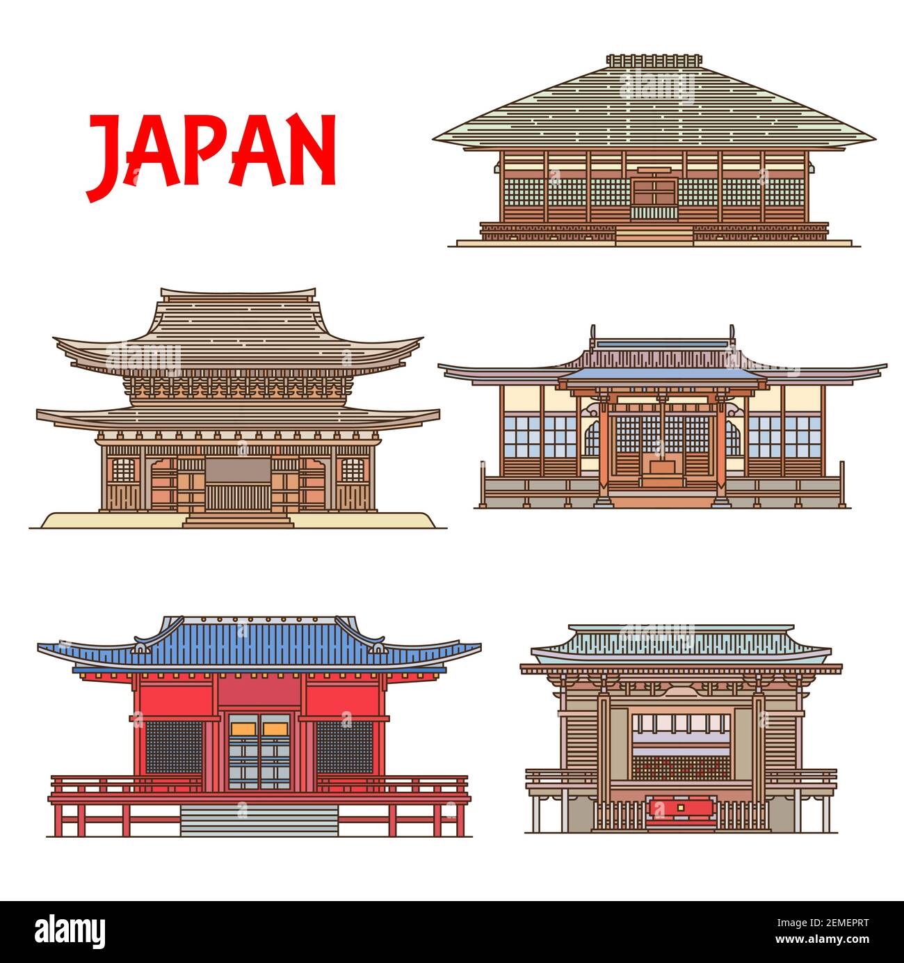 Japan buildings architecture, Japanese temples and pagodas landmarks of Kamakura Kanagawa. Seijoke-in and Jomyo-ji temple, Fugenzan Meigetsu-in, Takin Stock Vector