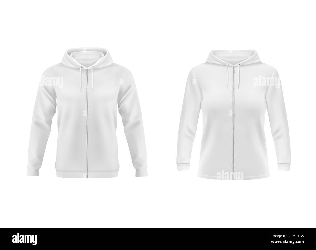Hoodie, white sweatshirt vector mockup for men and women front view. Isolated hoody with long sleeves, zipper and drawstrings. Sport, casual or urban Stock Vector