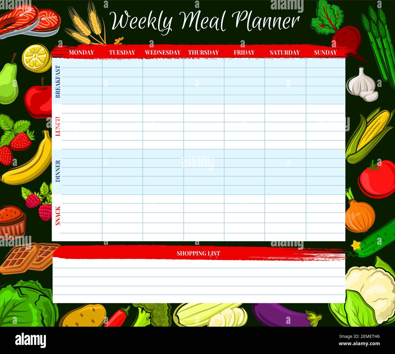 Weekly meal planner, vector food week plan with vegetable, fruit Inside Breakfast Lunch Dinner Menu Template