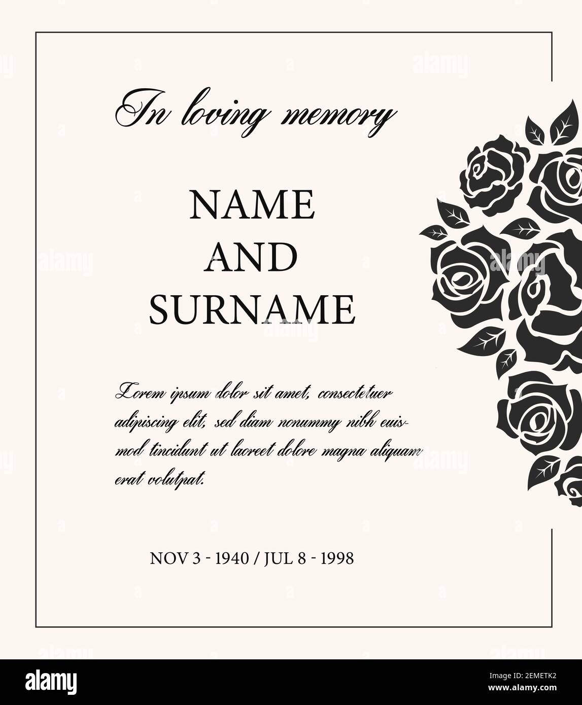 Funeral card vector template, vintage condolence obituary with typography in loving memory and vintage rose flowers, place for name, birth and death d Stock Vector