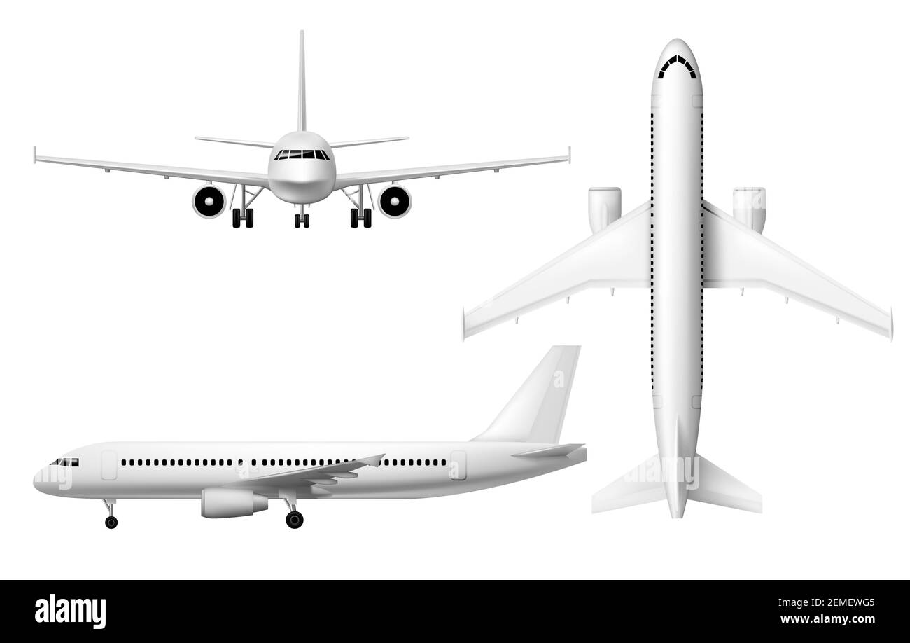 Plane or airplane, realistic aircraft or passenger aeroplane, vector 3D model isolated mockup. White blank airplane in flight, front, top and side vie Stock Vector