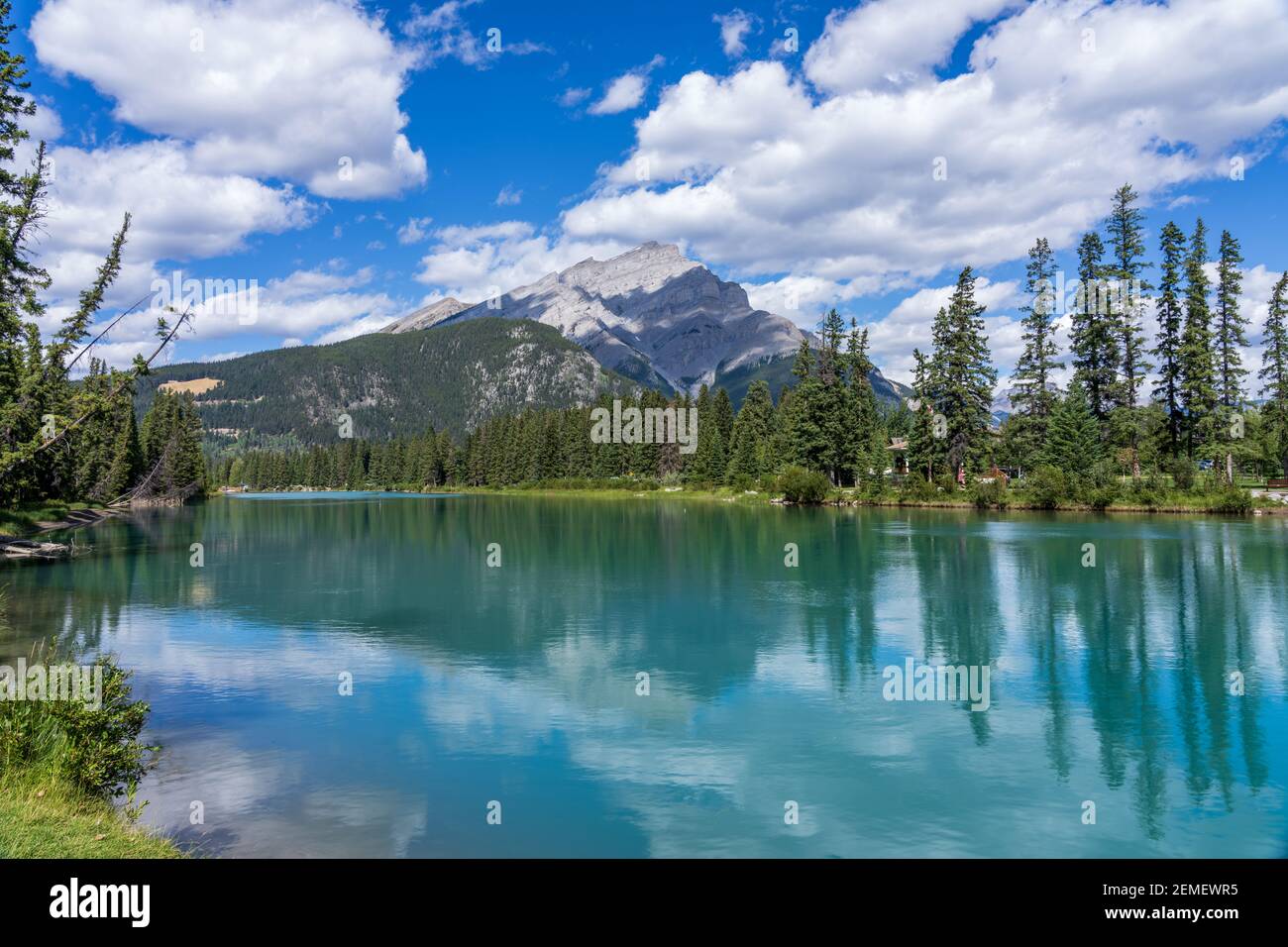Town of Banff, Bow River Trail scenery in summer sunny day. Banff ...
