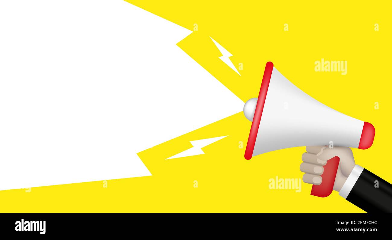 Hand holding megaphone. 3D vector illustration on yellow background. Stock Vector