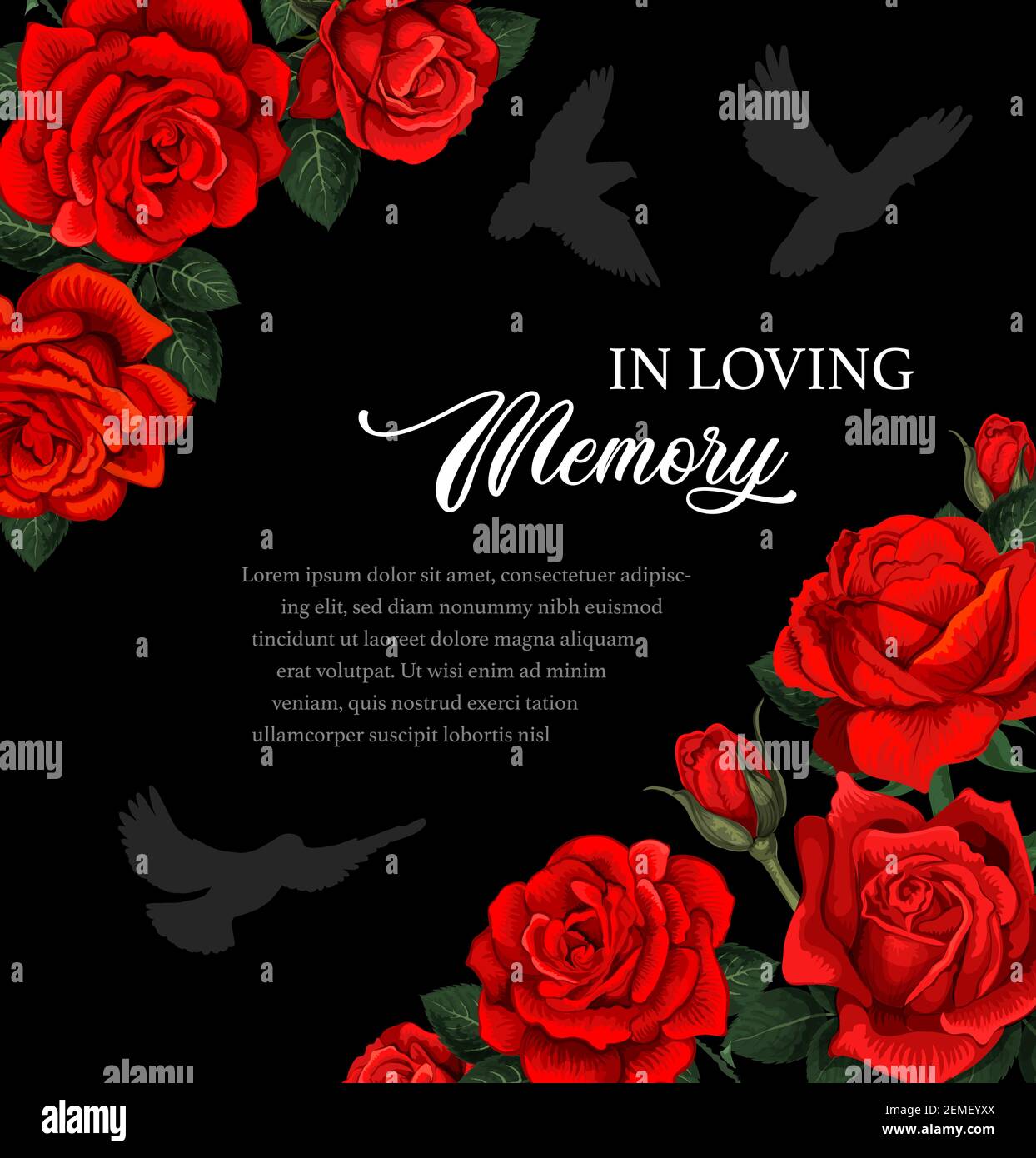 Funeral vector card with red rose flowers and doves silhouettes. Obituary poster with floral decoration, in loving memory typography. Vintage card wit Stock Vector