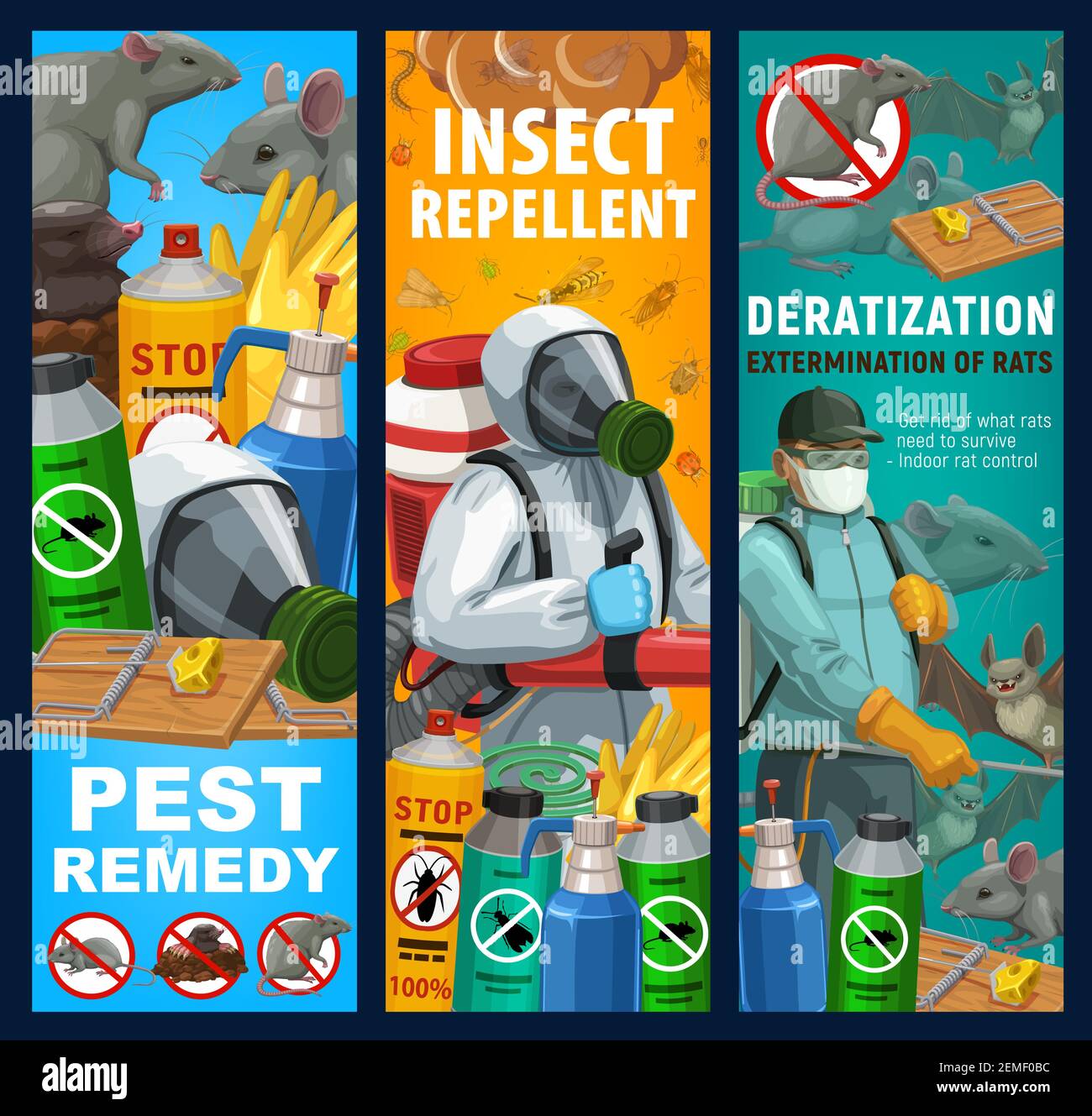 Pest control sanitary service vector banners. Disinfestation and deratization with insecticides, domestic disinfection and fumigation of bugs, rodents Stock Vector