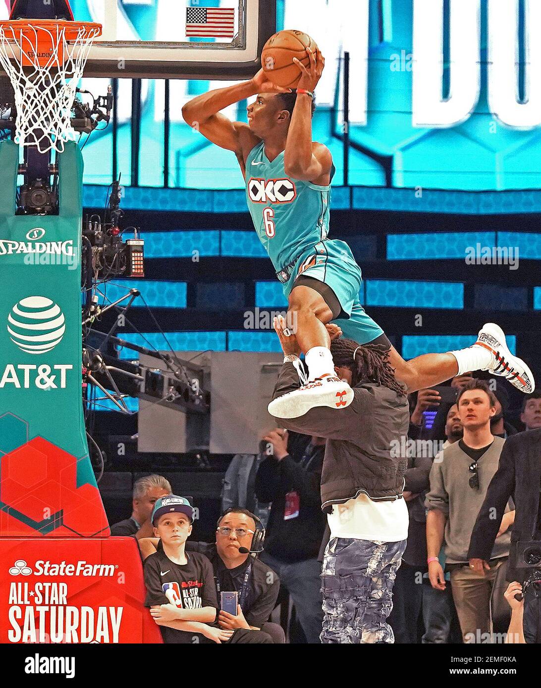 Hamidou Diallo of the Oklahoma City Thunder leaps over rapper Quavo to  secure the win in the AT&T Slam Dunk contest during the All-Star Saturday  Night festivities at Spectrum Center in Charlotte