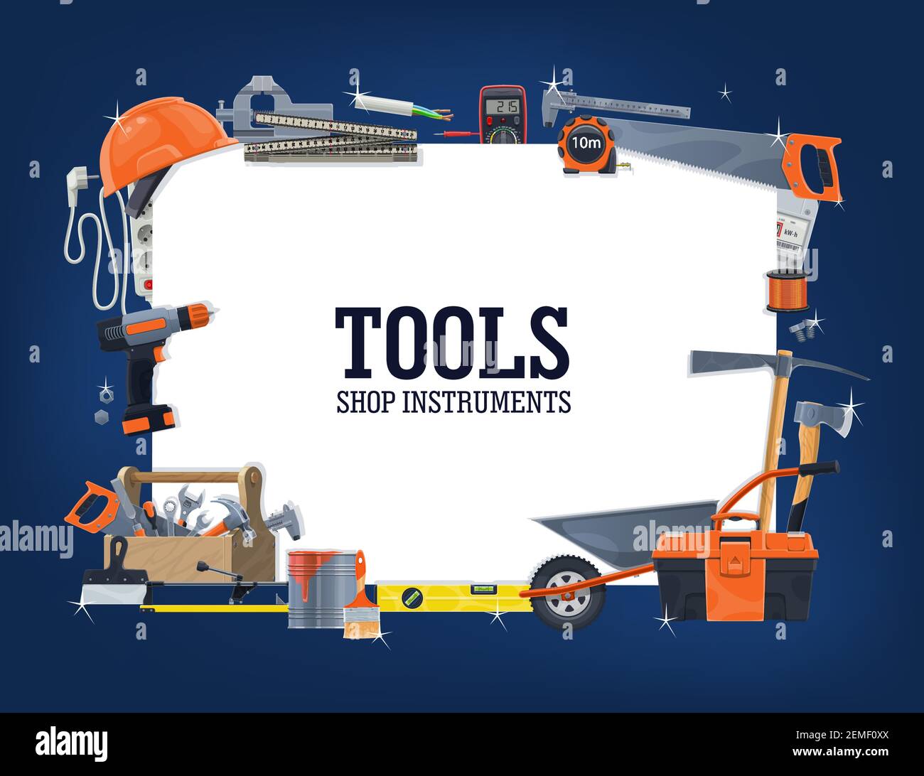 Construction house repair tools shop banner. Wheelbarrow toolbox